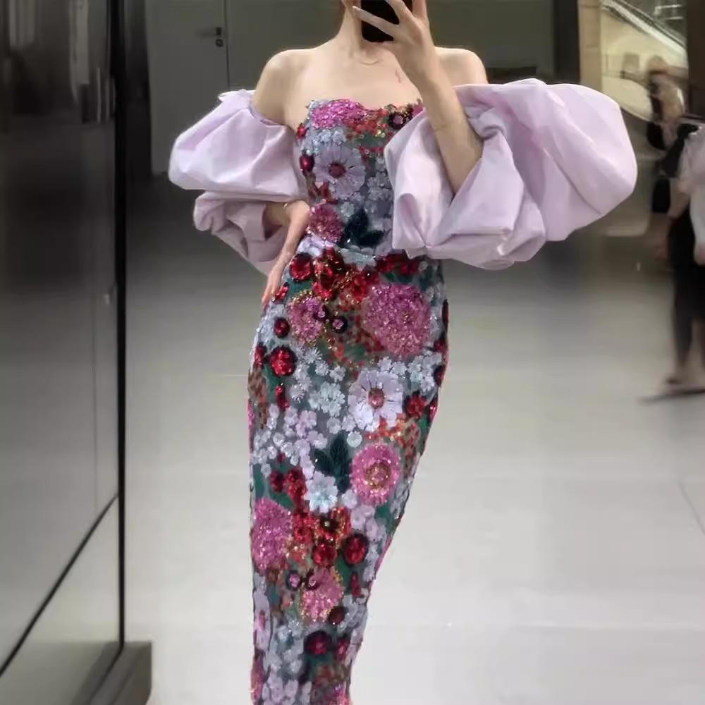 New Chinese morning robe engagement dress dress dress toast dress morning robe dress bride heavy industry sequined tube top fishtail dress