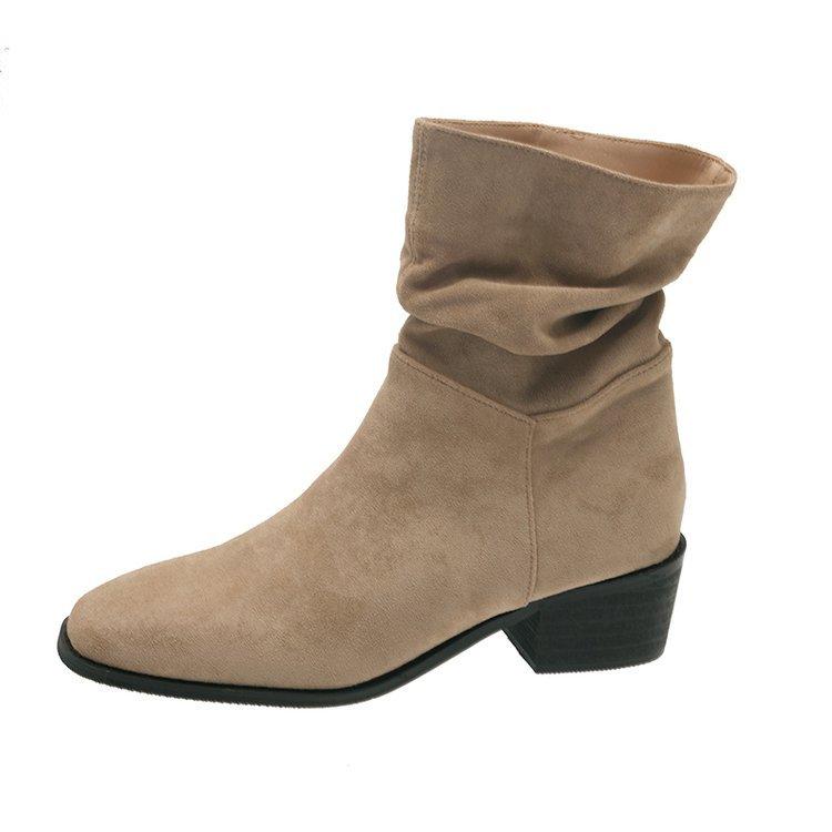 Short boots 2025 autumn and winter new suede round head thick heel medium heel short boots pleated pile boots high heel western boots