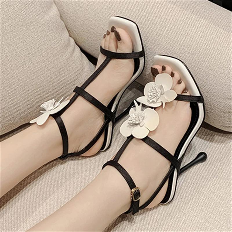 Fashion Eilyken Sexy Thin High Heels Square Toe Women Sandals Summer Flower Narrow Band Shoes Elegant Stripper Party Prom Pumps