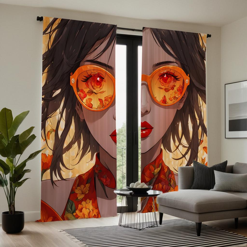 2 stycken HD tecknad flicka bär solglasögon dekorativ gardin Gul digitaltryckt gardin heminredningsstil dekoration