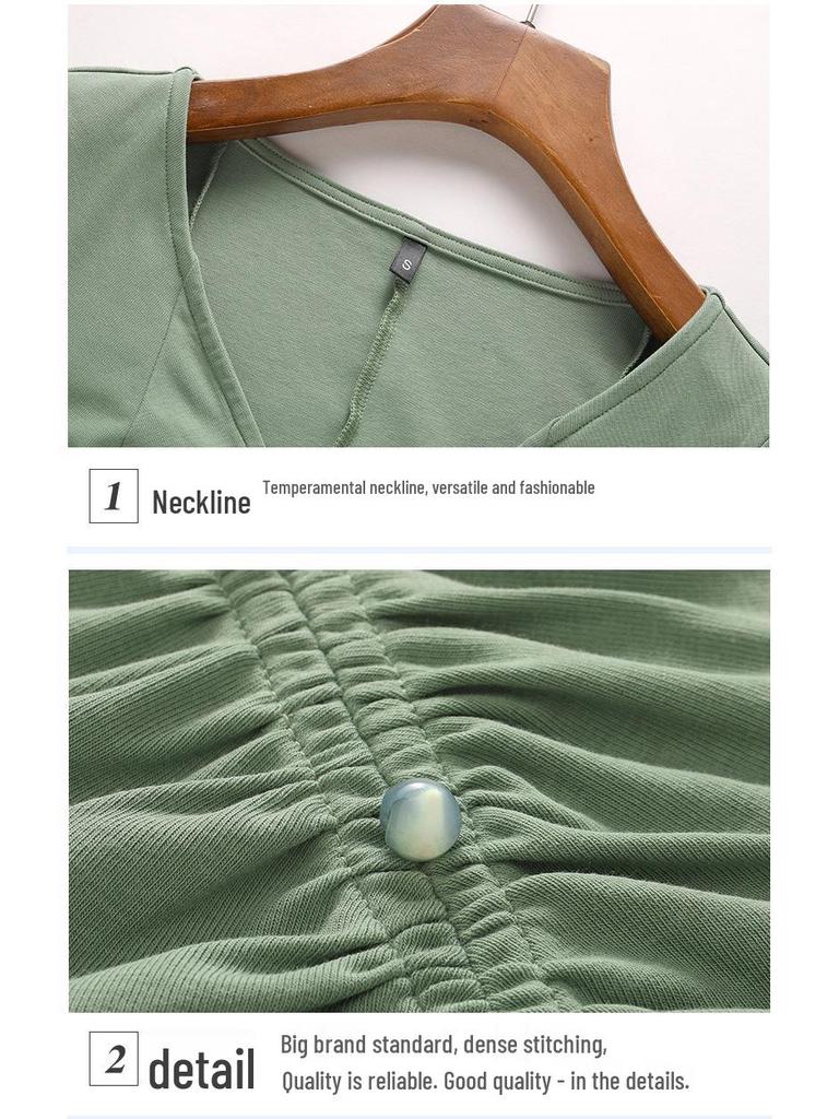 Frühling/Sommer 2025 Damen V-Ausschnitt Kurzarm T-Shirt - Koreanischer Stil mit süßen Rüschenärmeln