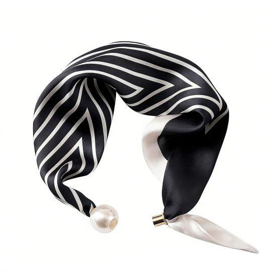 Silk Scarf Necklace with Striped and Leopard Dot Print and Faux Pearl Closure