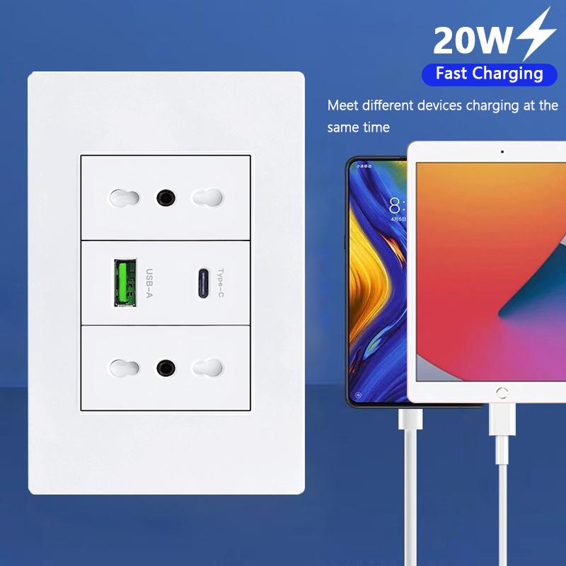 White/black embedded Italy Chile plug usb C wall socket,16A power strip, smart Type-c 20W fast charging socket adapter