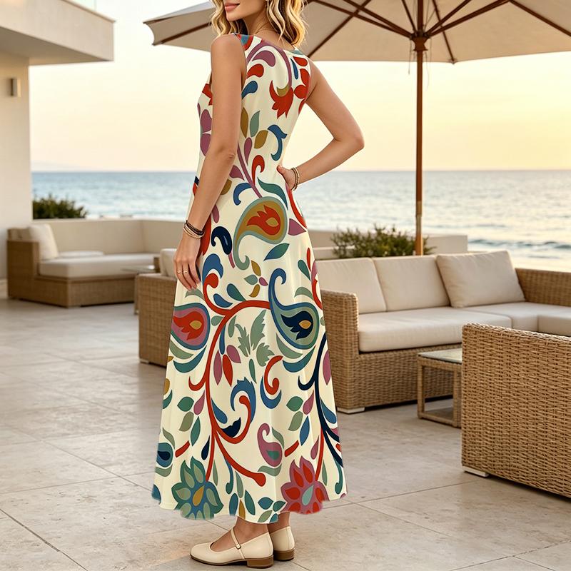 Women's Sleeveless Paisley Pattern Floor-Length Dress,Comfortable Flowy Skirt,Ideal for Beach Vacation,Daily Casual & Friend Gatherings