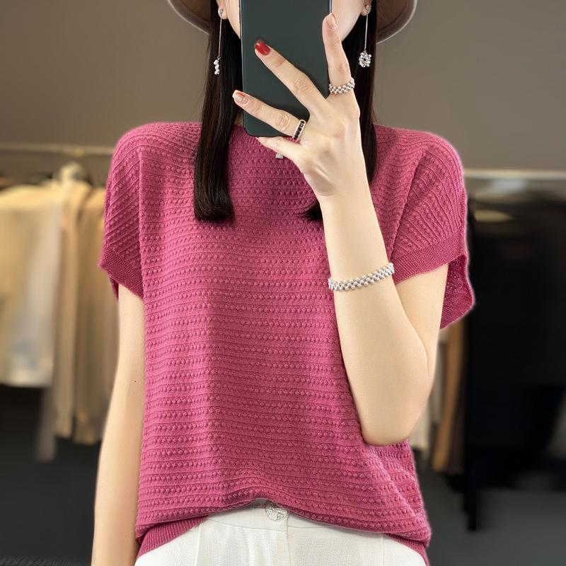 Crew Neck Bottoming Shirt Women's Summer First-line Ready-to-wear Hollow Bat Sleeve Knitted Sweater Versatile Short Sleeve