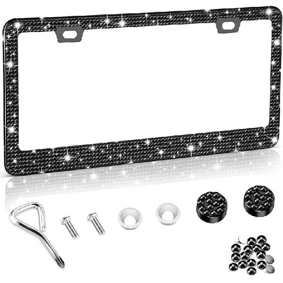 Amiss Bling License Plate Frame For Women, 2Pack Rhinestone Handcrafted Crystal Premium Stainless Steel, Stainless Steel Car Accessories With Diamond