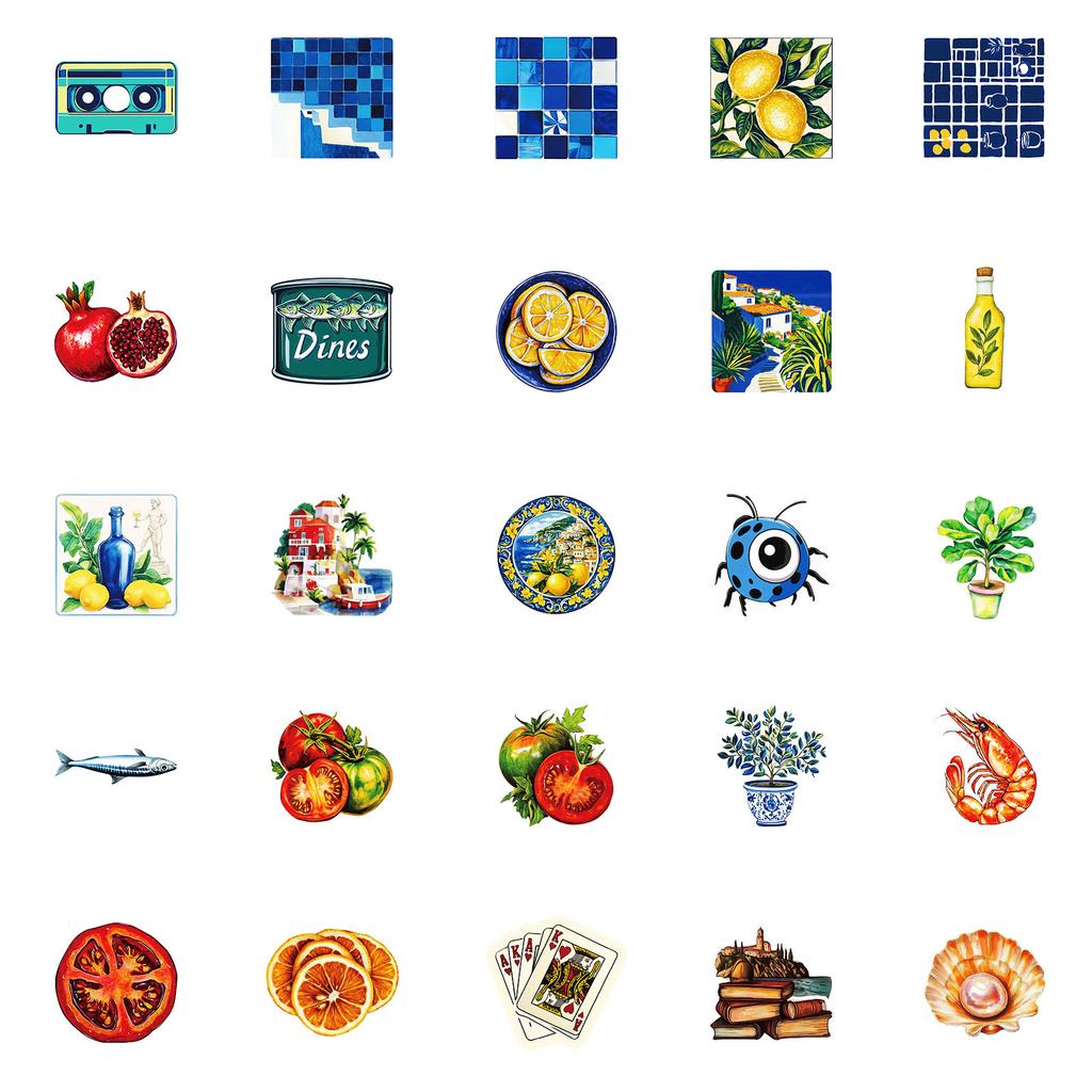 50Pcs Mediterranean Style Fruit Stickers – Waterproof Decals for Luggage, Laptop, Journal