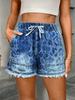 Women's Elastic Drawstring Mid Rise Straight Denim Shorts Non Stretch Frayed Hem Washed Casual Bermuda Shorts