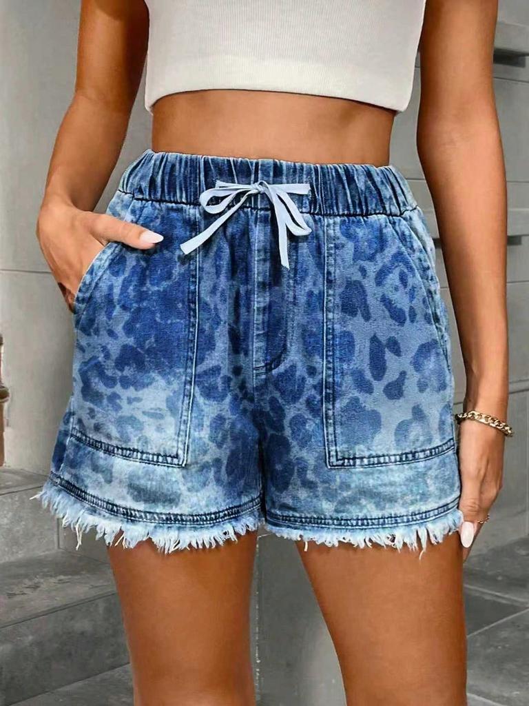 Women's Elastic Drawstring Mid Rise Straight Denim Shorts Non Stretch Frayed Hem Washed Casual Bermuda Shorts