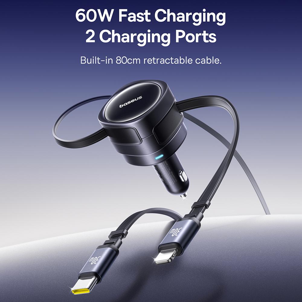BASEUS Enjoyment Max Car Charger 60W C+L Dual Cable Rotatable Design Fast Charging Retractable Cables