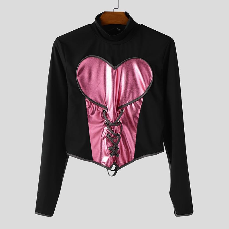 INCERUN Men Stand Neck Long Sleeve Bandage PU Patchwork Casual Cropped Tops T-shirts