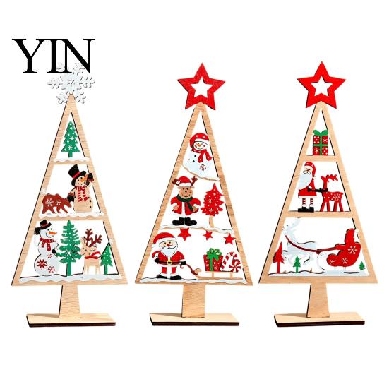 Desktop Christmas Ornament Wooden Tabletop Tree Decor, Hollow Xmas Ornament, Farmhouse Winter Holiday Accents Centerpiece for Party Home Decoration,
