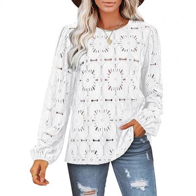 Women's Solid Color Round Neck Elegant Petal Hollow Long-sleeved T-shirt