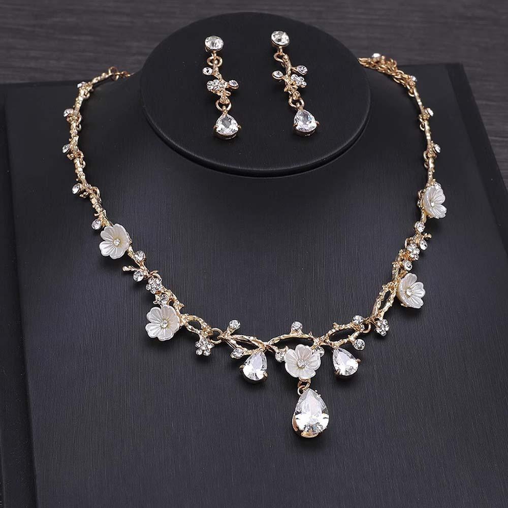 Shiny Bridal Jewelry Set Flower Rhinestone Necklace Earrings Dangle Earrings Luxury Jewelry  Women