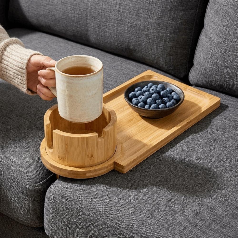 Wood 2 in 1 Couch Arm Tray Movable with Rotating Mug Holder Sofa Armrest Gap Tray Space Saving Sofa Armrest Storage Tray Drinks