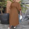 Elegnat Women Round Neck Puff Sleeve Pleated Casual Maxi Dress Sundress
