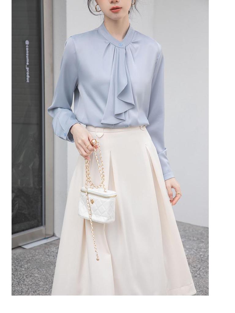 Francouzská elegantní bílá košile s dlouhým rukávem a vázankou - Dámské profesionální oblečení pro dojíždění na jaro/podzim 2025