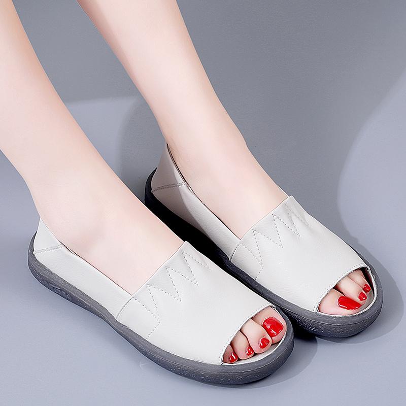 Summer Women Genuine Leather Flats Open Toe Woman Ladies Casual Shoes Luxury Loafers Female Slip -On Boat Walking Shoes Moccasins