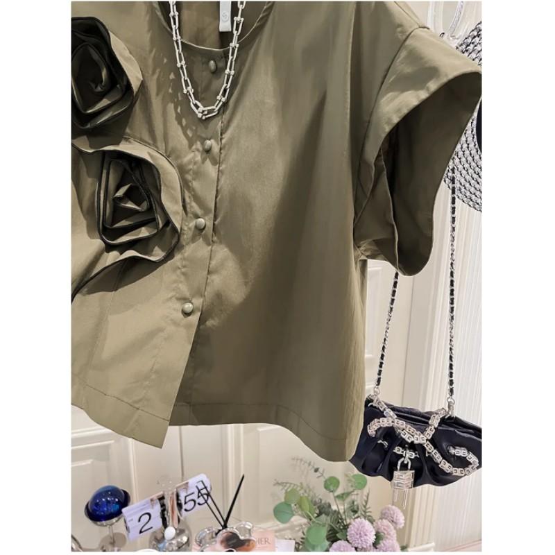 Women's Summer Design Flowers Round Neck Shirt Solid Color Loose Simple Temperament Tops