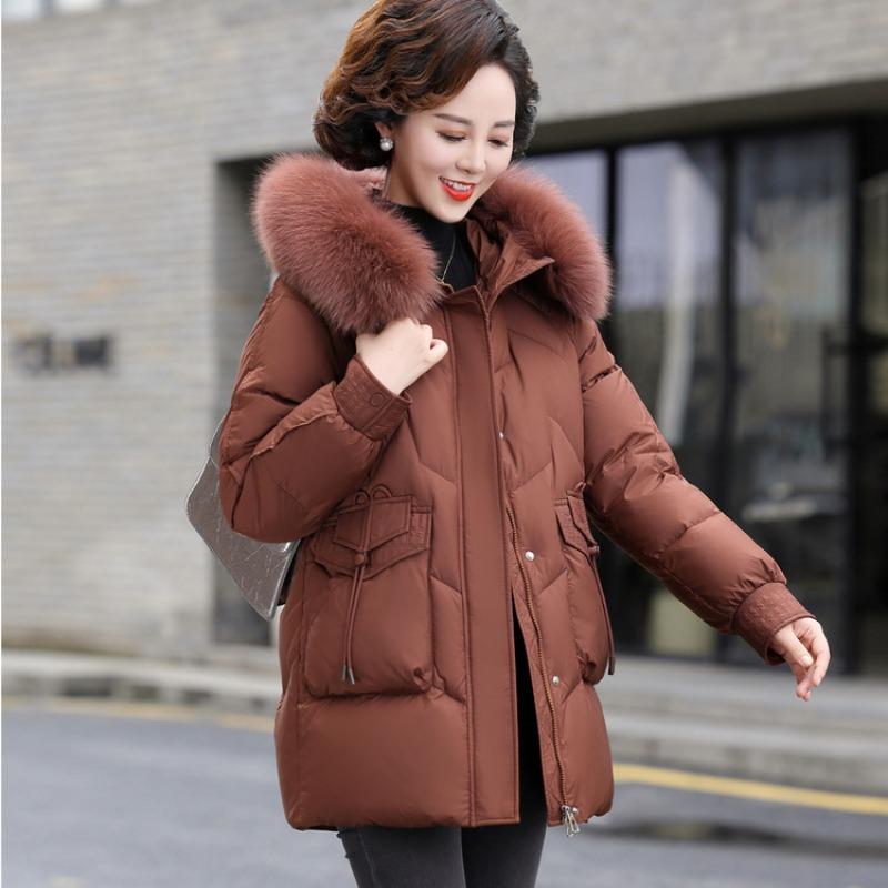 Mom Winter Down Jacket Hooded Thickened Real Fur Collar New Fashion Middle and Old Women Winter Coat