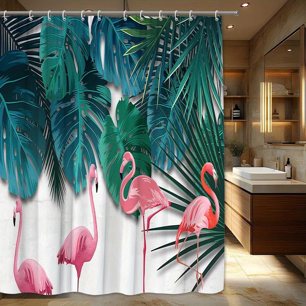 

1pc Tropical Flamingo Shower Curtain with Lush Green Leaves - Modern Exotic Design, Vibrant Pink & Teal Bathroom Decor, 70.87x70 W90xH180cm
