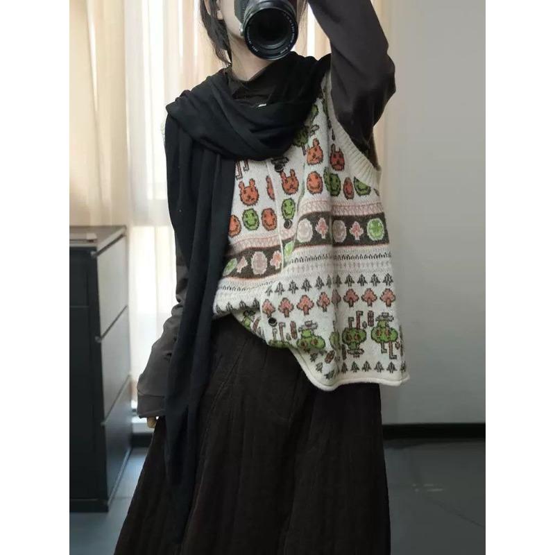 DIMANAF 2025 Automne Femmes Sans Manches Imprimé Boutons Gilet Pulls Style Tricot Décontracté Ample Pull