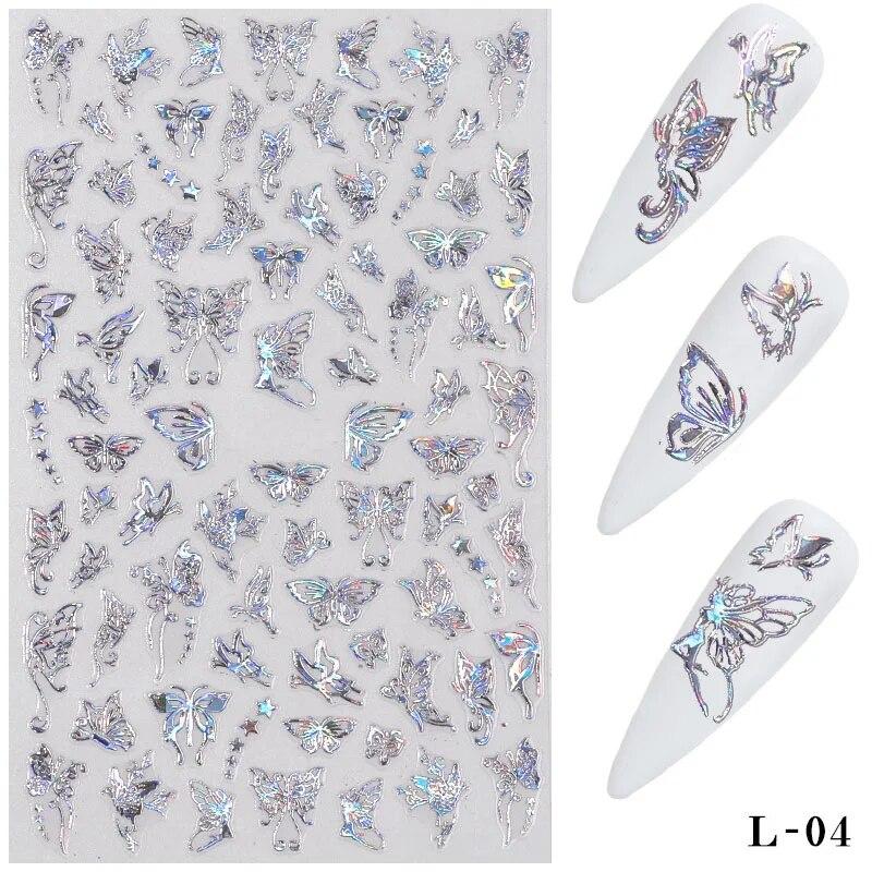 3D Holographic Butterfly Nail Art Stickers Adhesive Gold Silver Laser Foil Nail Decals For Women Girls DIY Manicure Decoration