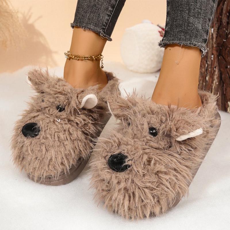 Fashion Cute Cartoon Dog Fur Slippers Women Soft Platform Furry Cotton Slippers Woman Winter Slip On Plush Warm Cotton Slides Female