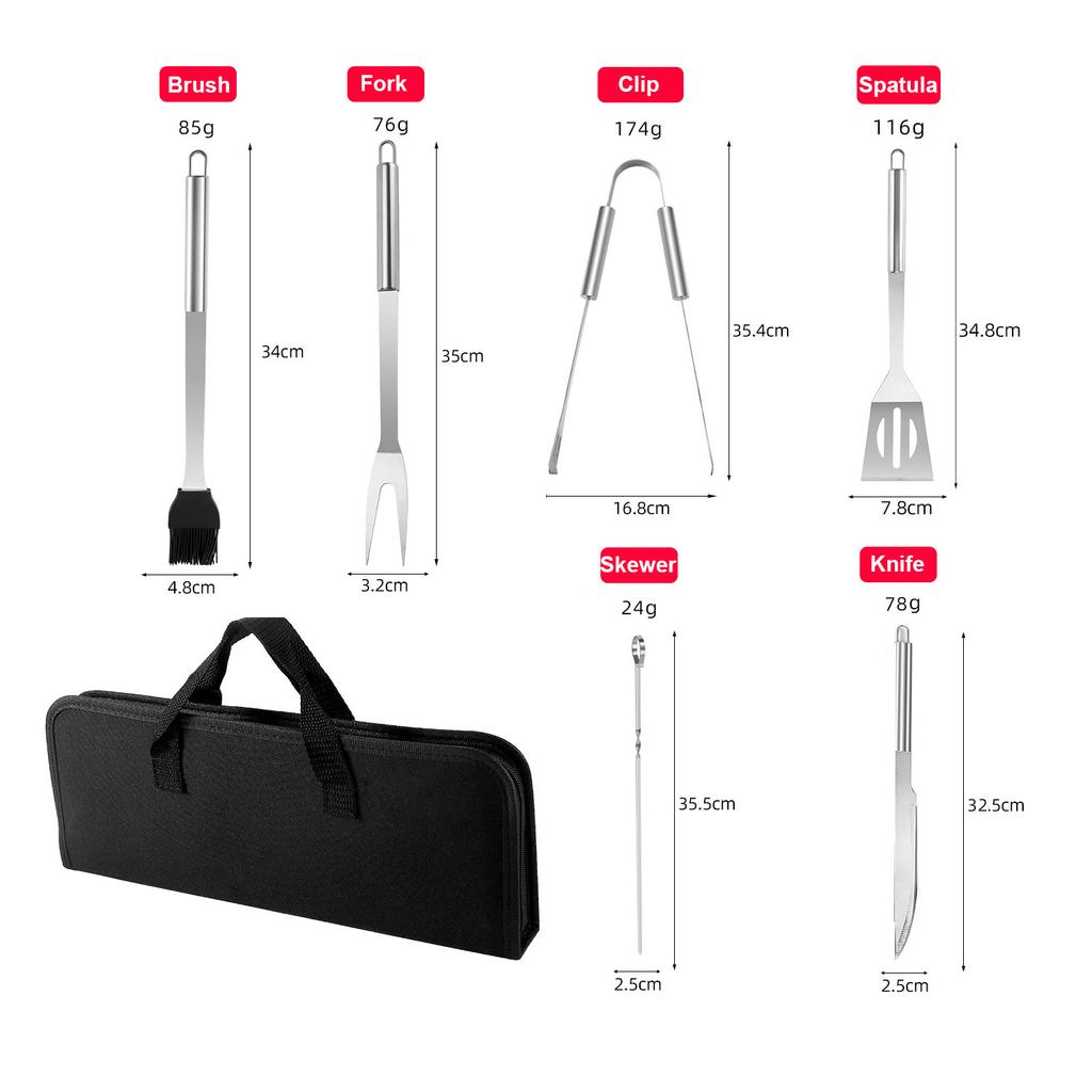 Tragbares Grillwerkzeug-Set für den Außenbereich, Grillset, Grillset, Spatel, Clip, Spieß mit Stoffbeutel zur Aufbewahrung, Grillwerkzeuge