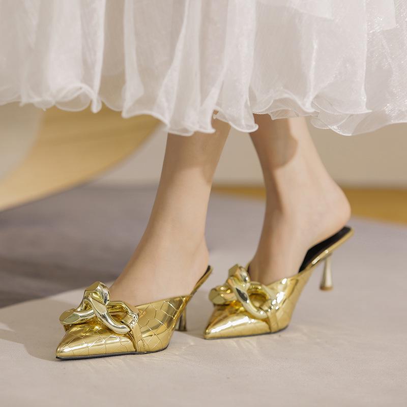 Silver Chain High Heel Baotou Sandals for Women - European & American Summer 2023 Collection
