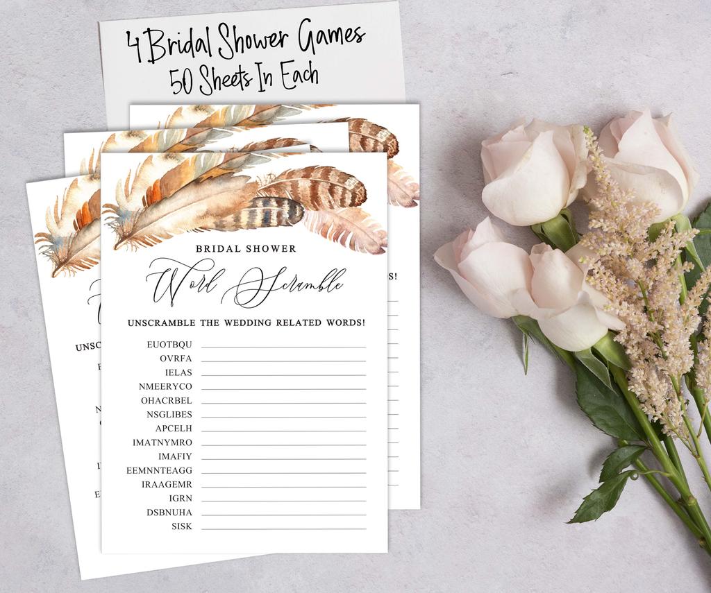 Inkdotpot Bridal Shower Games Set Of 4(50 Sheets Each) W   Miss To Mrs Gold Banner Feathers Fun Bachelorette Party Games Set