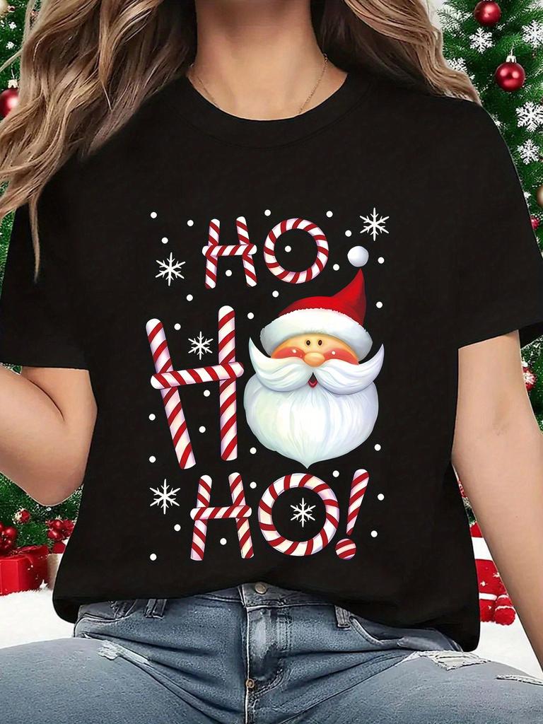 Fashion Summer New Women's Round Neck Cartoon Santa Claus Pattern Letter Printed Short Sleeve Casual Comfortable Fashion T-shirt