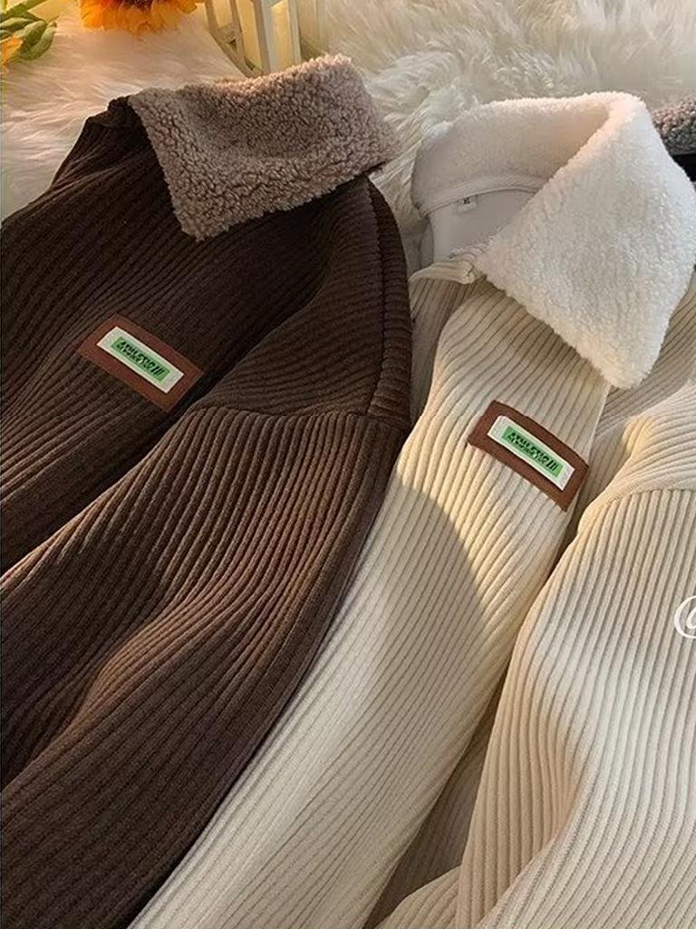 Corduroy Sweatshirt for Women Plus Velvet Thickened Pullover Japanese Style Warm Top Clothing Autumn Winter