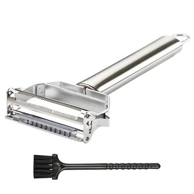Pelapatate a doppia lama in acciaio inox Taglia affettatrice con spazzolino per la pulizia Carota Cetriolo Frutta Pelapatate multifunzionale Gadget da cucina