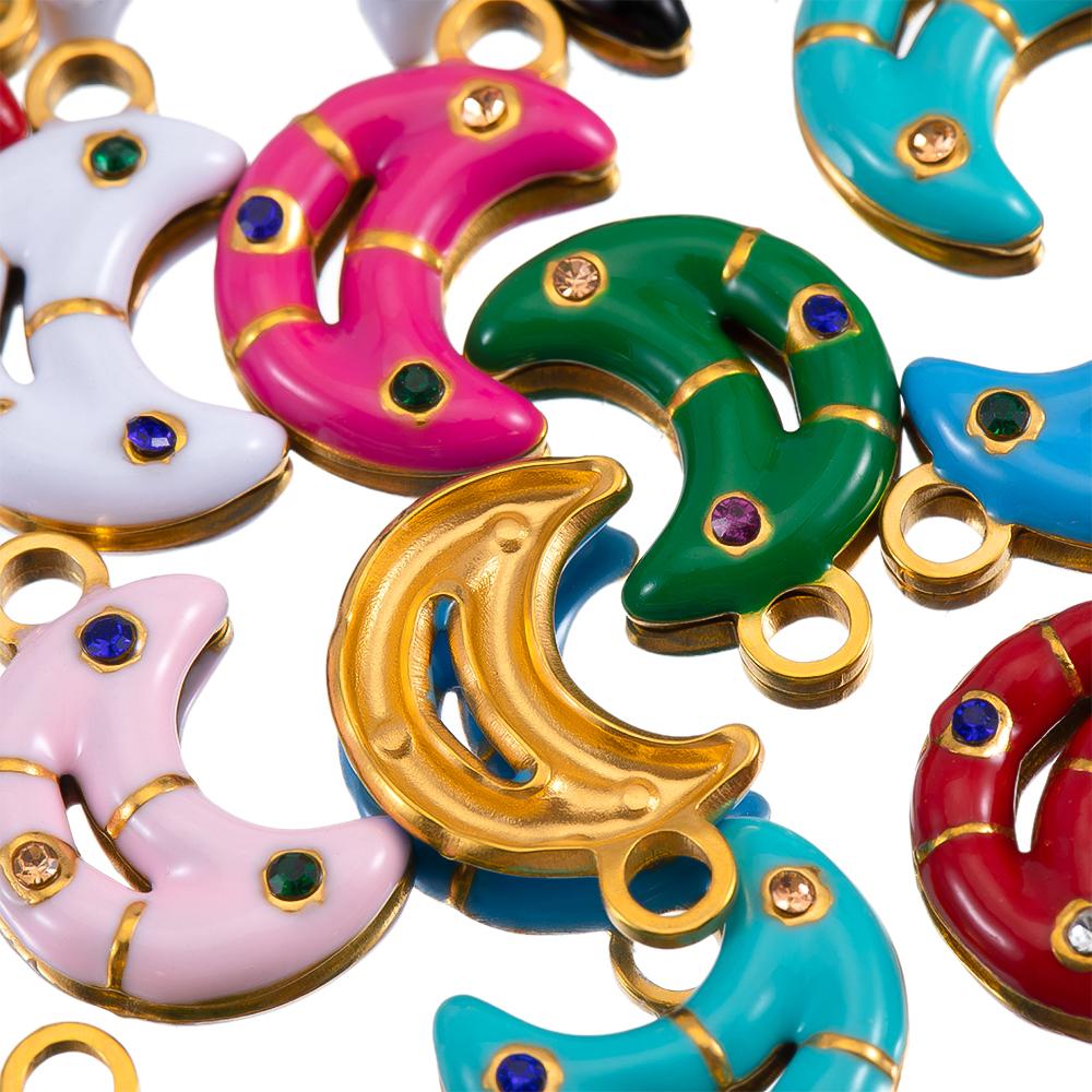 5pcs 2pcs Color Enamel Heart Moon Charm Stainless Steel Crystal Beads Earrings Pendant DIY Jewelry Making Necklace Accessories