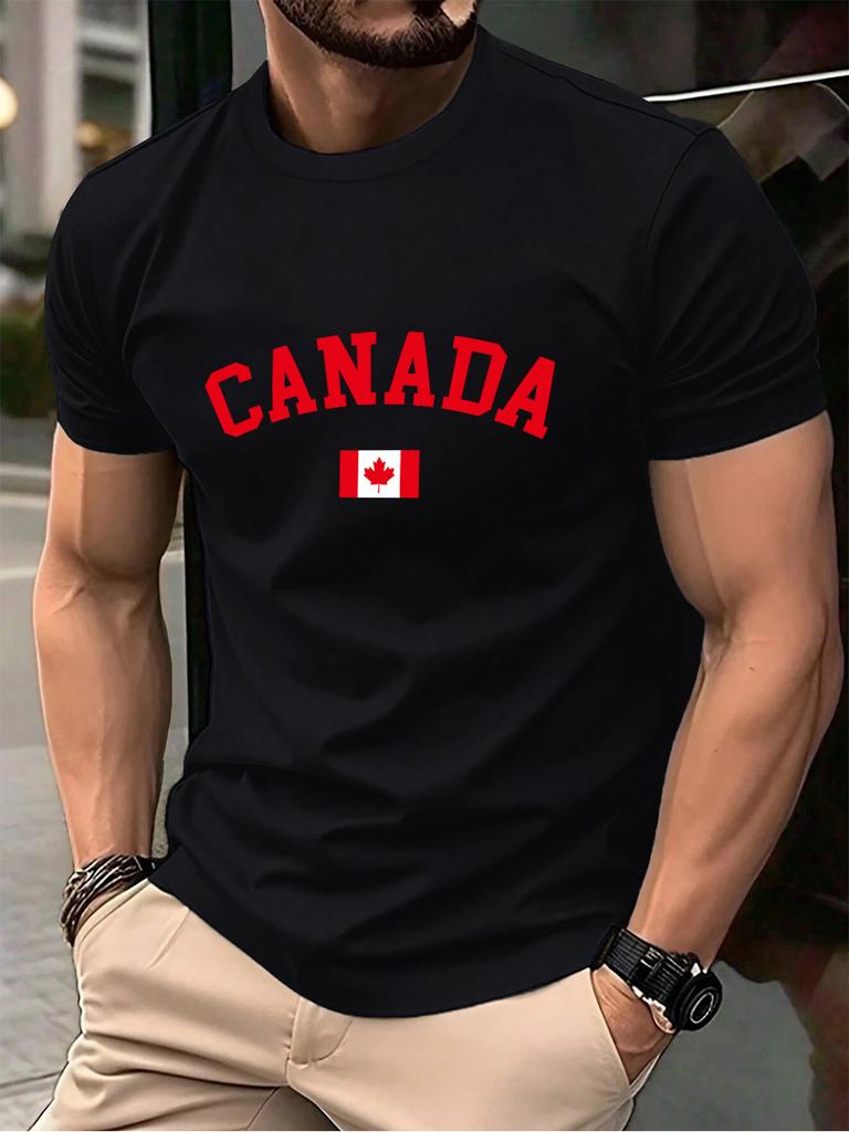 Kanada Text Med Flagga Tryckt Bomulls T-shirts HerrS Sommar Kortärmad T-shirt Mjuk Överdimensionerad Rundhalsad Toppar Grundläggande Herrkläder