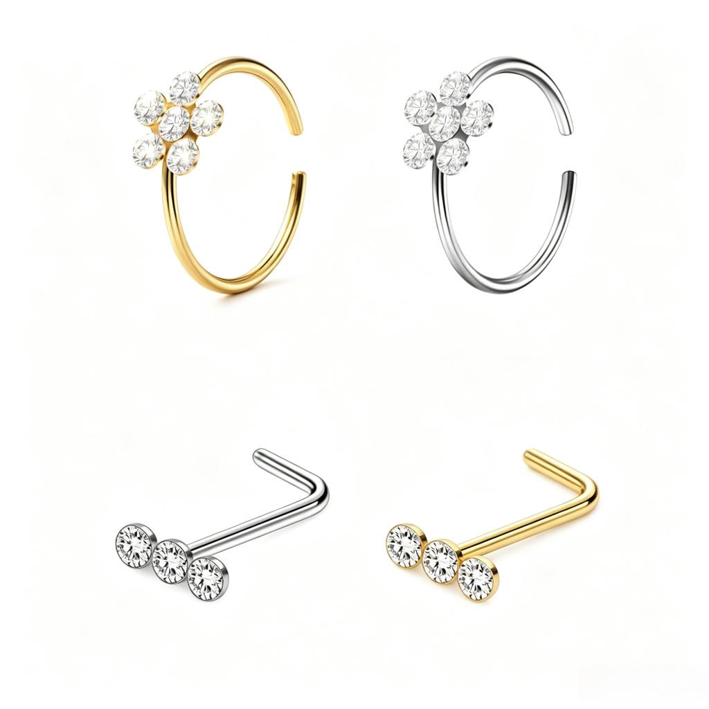 Multi-Style 316 Stainless Steel Diamond-Inlaid Flower Butterfly Heart Nose Stud Set Unisex Body Jewelry