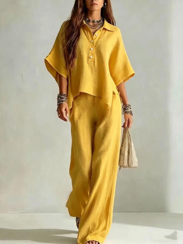 2026 New European and American Style Linen Wide-leg Pants Set Women's Summer Loose Shirt Two-piece Set Fashion Casual Trendy