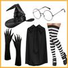 Halloween Green Witch Costume Set With Claw Gloves Striped Socks Wizard Hat Cloak And Round Glasses For Party Cosplay