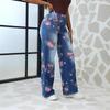 Jeans Donna Vita Alta Gamba Dritta Stampa Floreale Denim Vintage Pantaloni Casual Quotidiani Lunghi