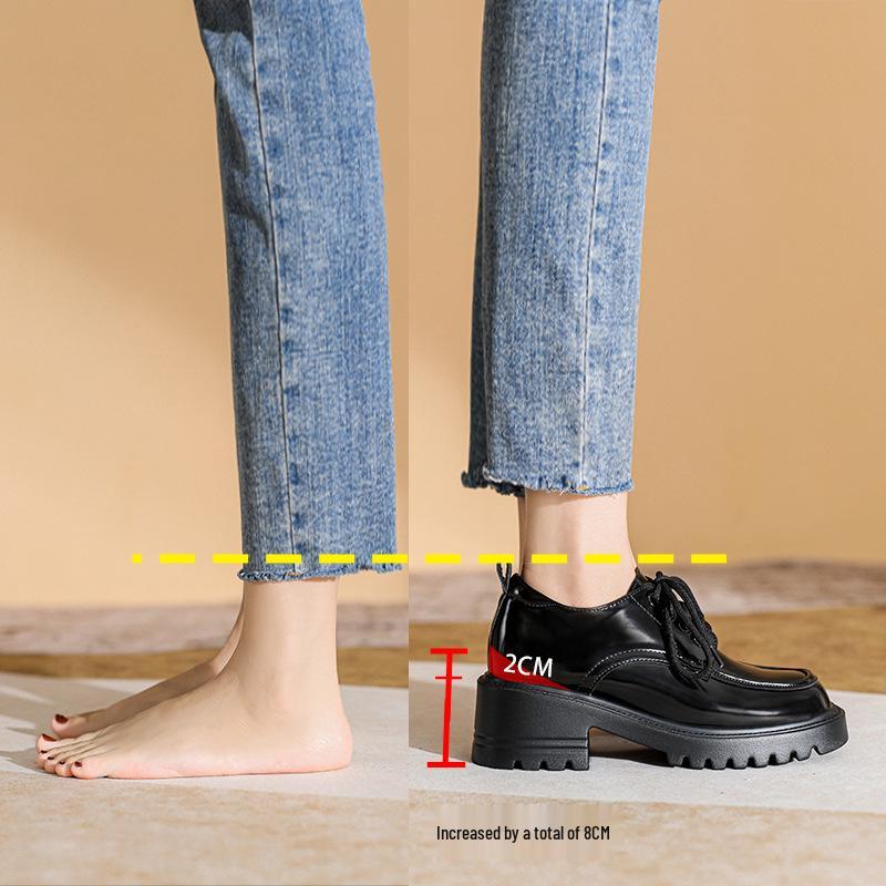 Women's 8cm Height-Increasing Leather Loafers - Chunky Heel, Lace-Up, Square Toe, Spring/Autumn Style
