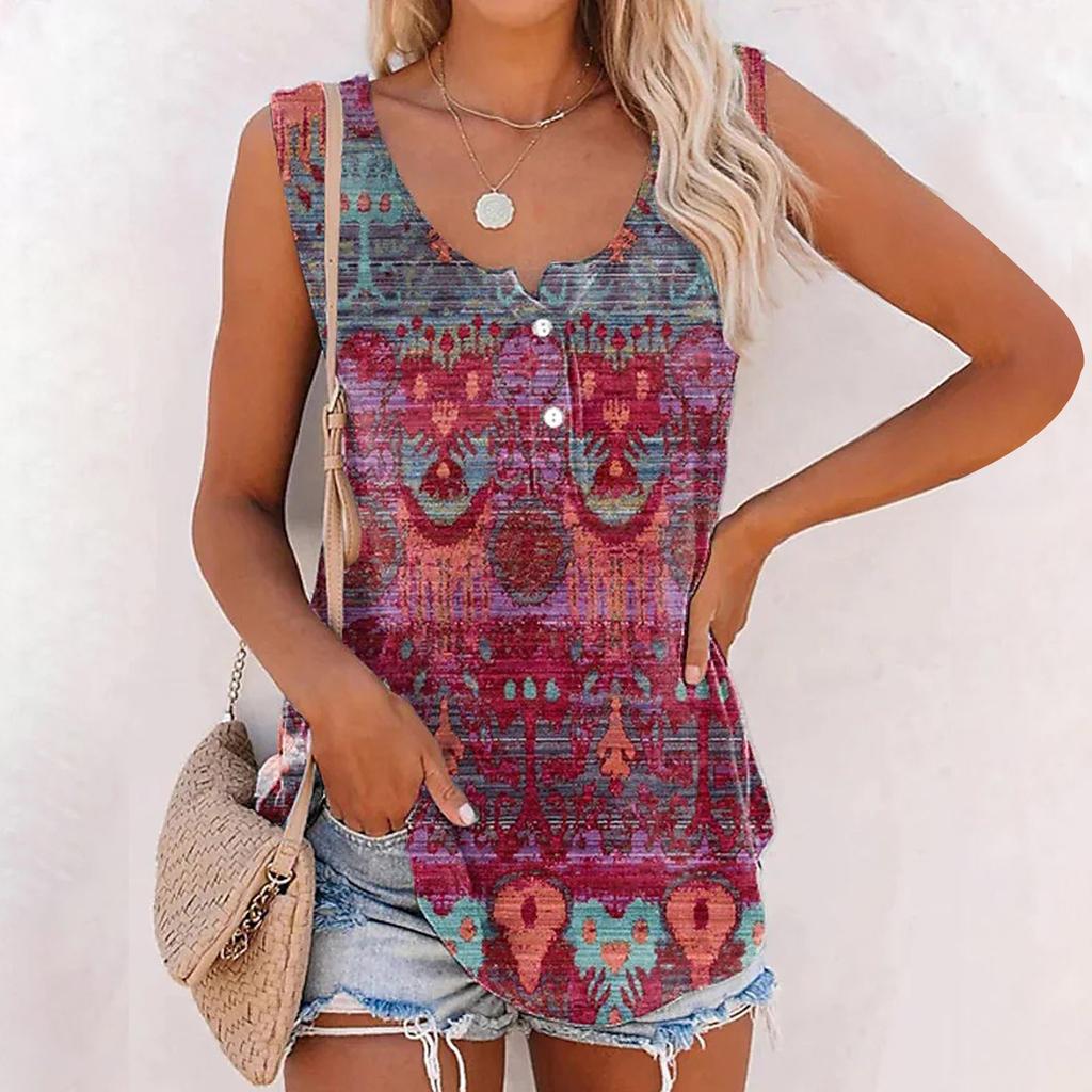 Ladies Printed Stripe Button Sleeveless Casual Tank Top Casual T-Shirt For Womens