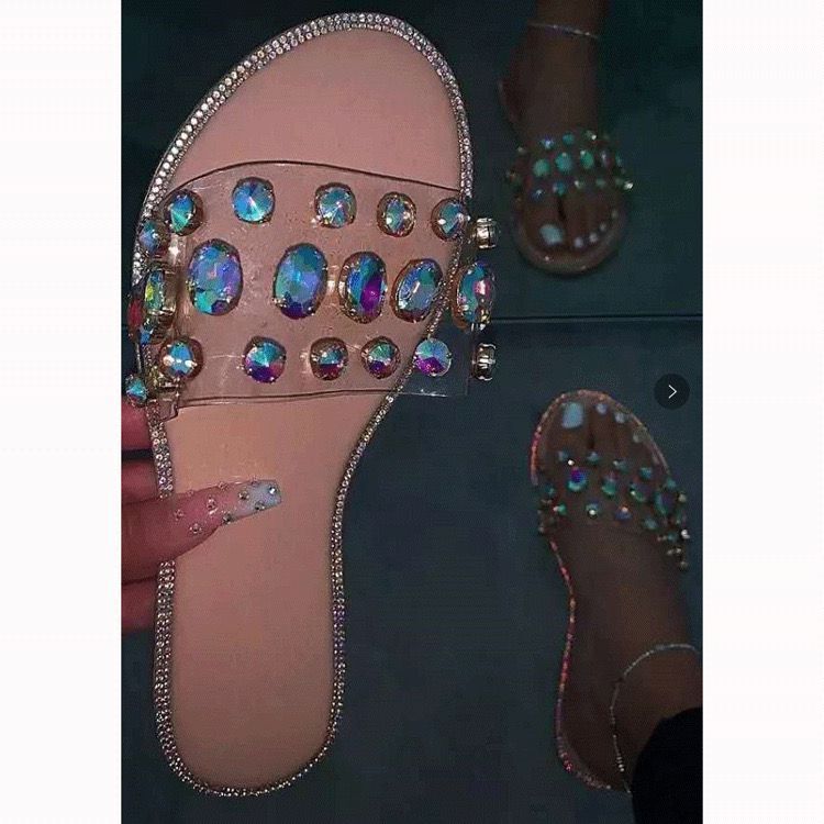 

Fashion 2025 New slippers, summer women s sandals colored gemstones beaded flat non-slip durable beach slippers 38 бежевый