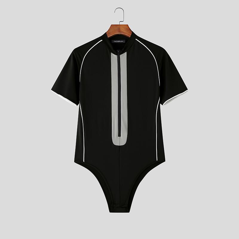 

INCERUN Men Short Sleeve Stitching Fitted One Piece Briefs Bodysuits Jumpsuits L чорний