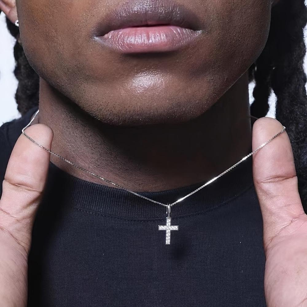 Stainless Steel Crystal Cross Pendant Necklace Hip Hop Steel Color Stainless Steel Men Necklace Retro Jewelry Trend Accessories 50cm