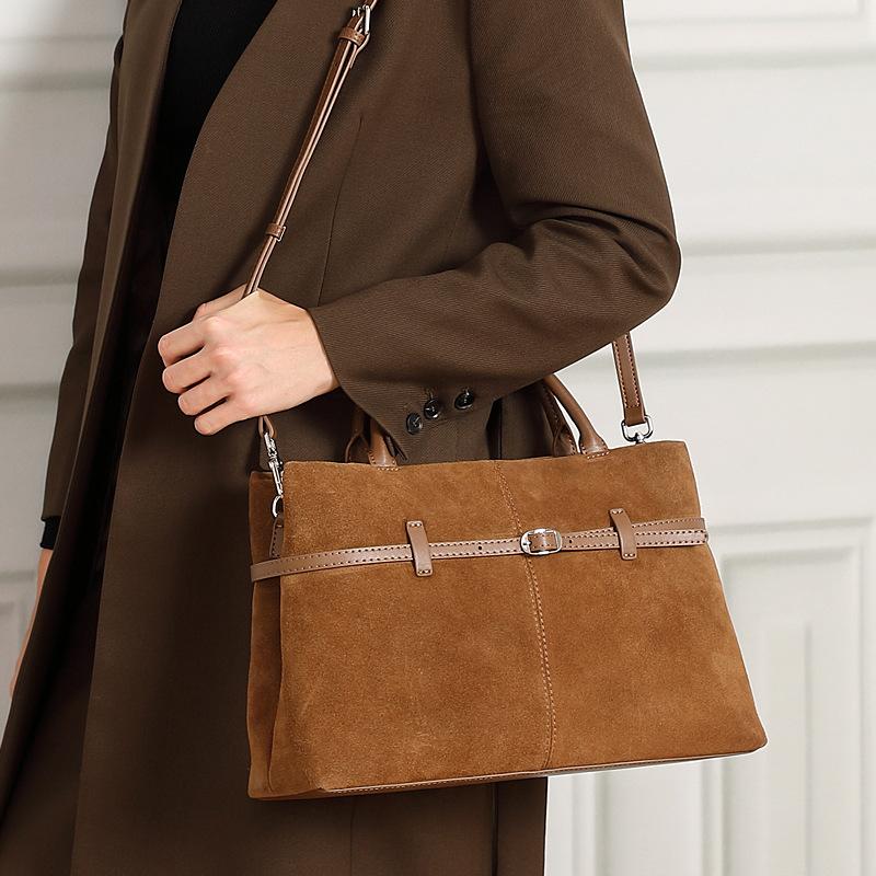 Oversized Suede Leather Briefcase Spacious Handheld Shoulder Crossbody Bag Women Slouchy Commuting Premium Light Luxury Handbag