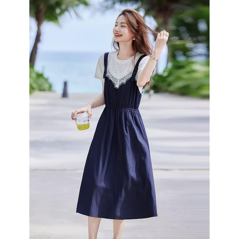 Summer Fashion Two-Piece T-shirt and Strap Dress Set