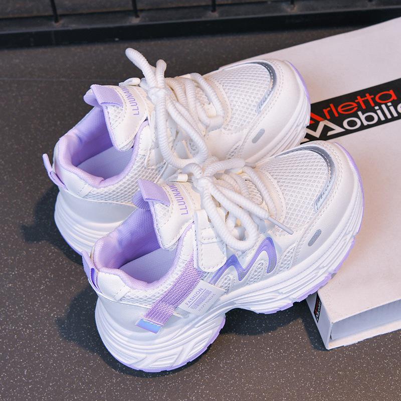 Girls' White Sports Shoes: Thick Sole, Breathable, Non-slip, Wear-resistant Mesh Sneakers