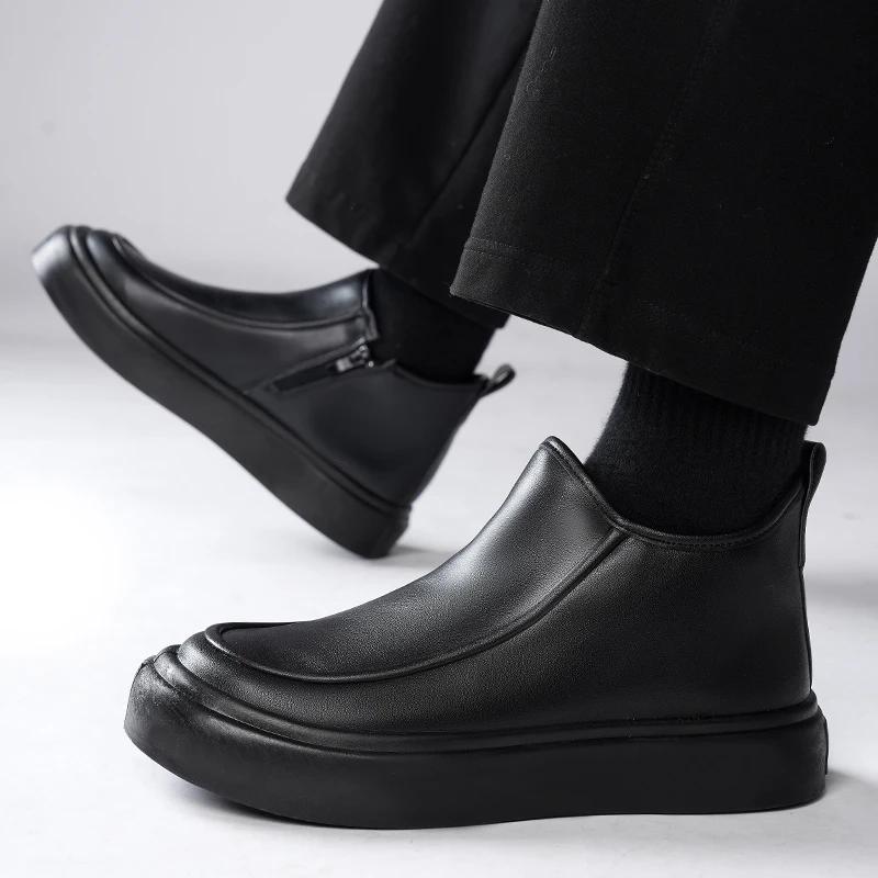 2025 New Men's Leather Boots Classic Design Casual Formal Shoes Autumn and Winter Convenient Shoes Black Velvet Warm Snow Boots