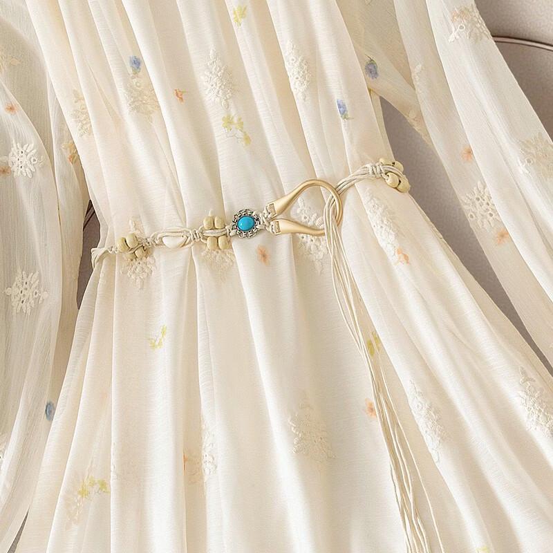 French Retro Embroidered Long-Sleeve Tea Dress